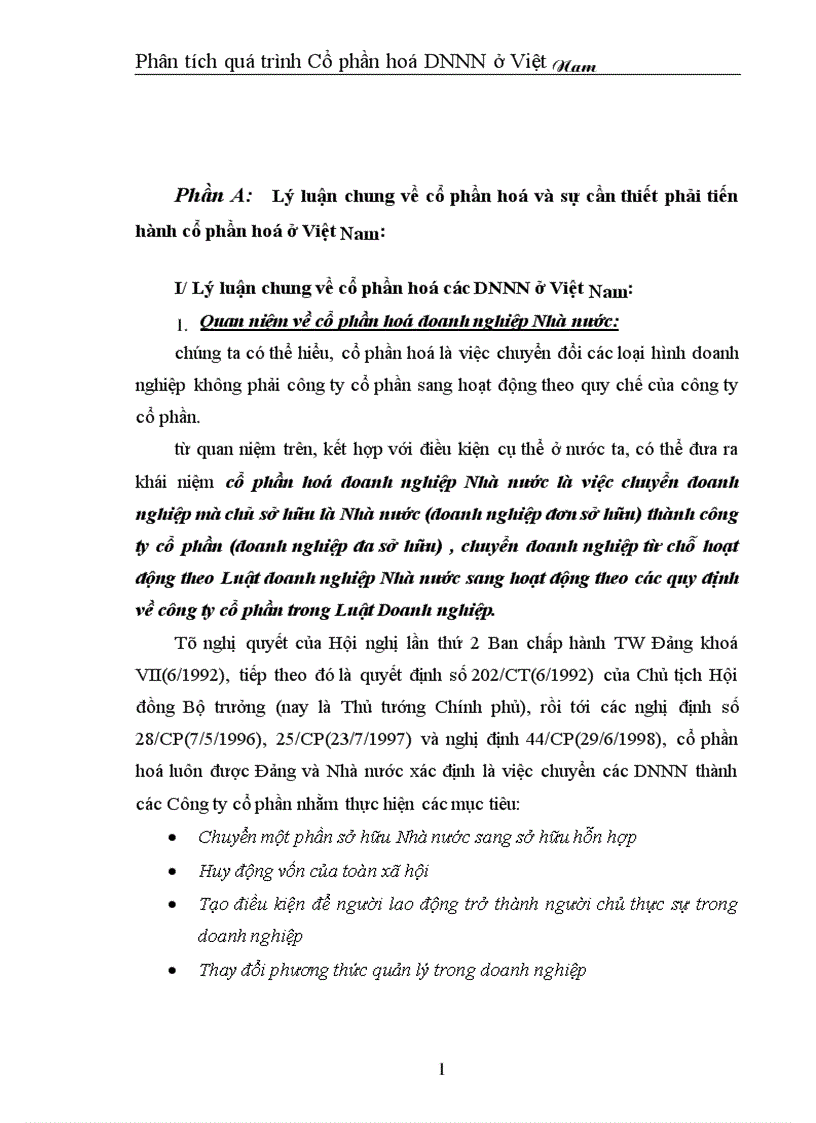 Phân tích quá trình Cổ phần hoá DNNN ở Việt Nam 1