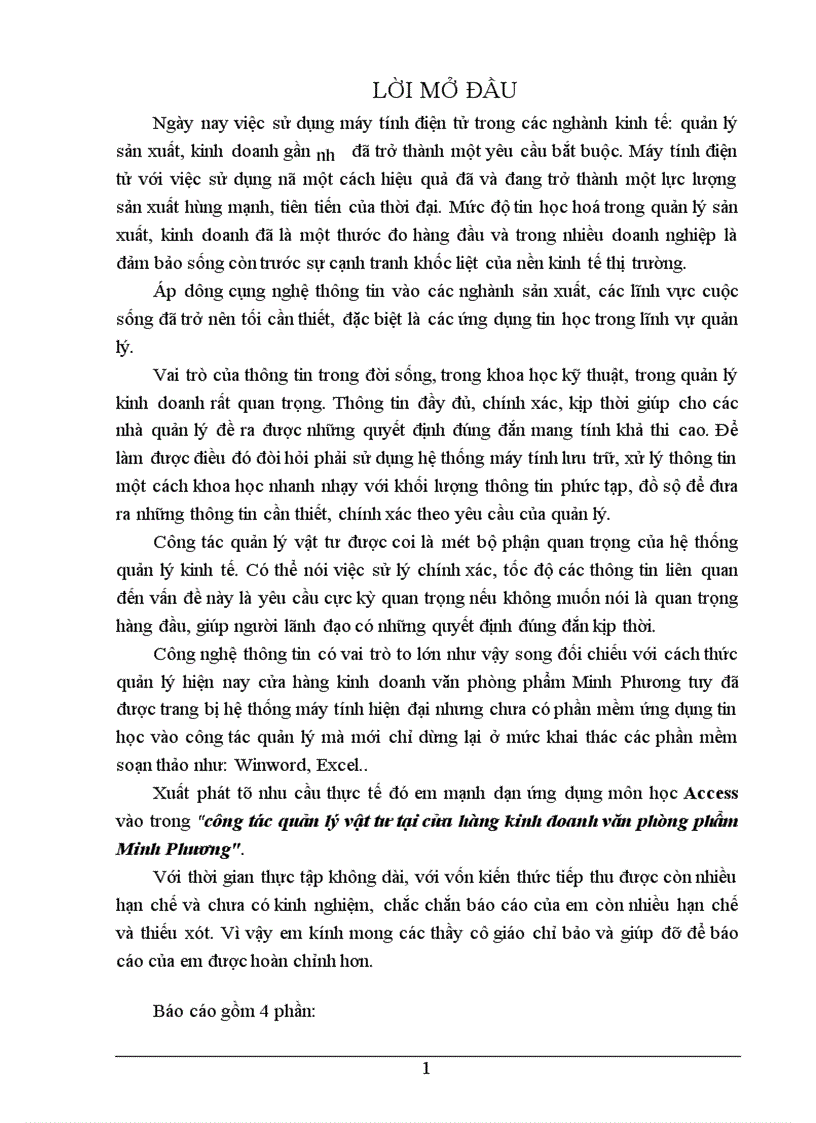ứng dụng môn học Access vào trong công tác quản lý vật tư tại cửa hàng kinh doanh văn phòng phẩm Minh Phương