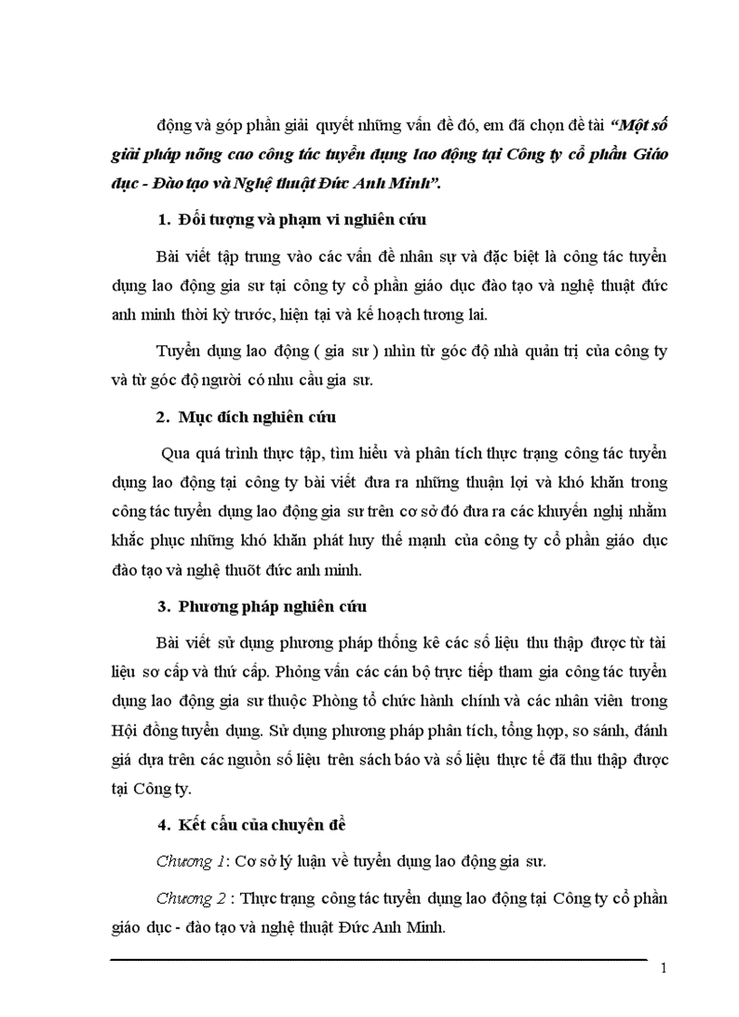 Một số giải pháp nâng cao công tác tuyển dụng lao động tại Công ty cổ phần Giáo dục Đào tạo và Nghệ thuật Đức Anh Minh 1