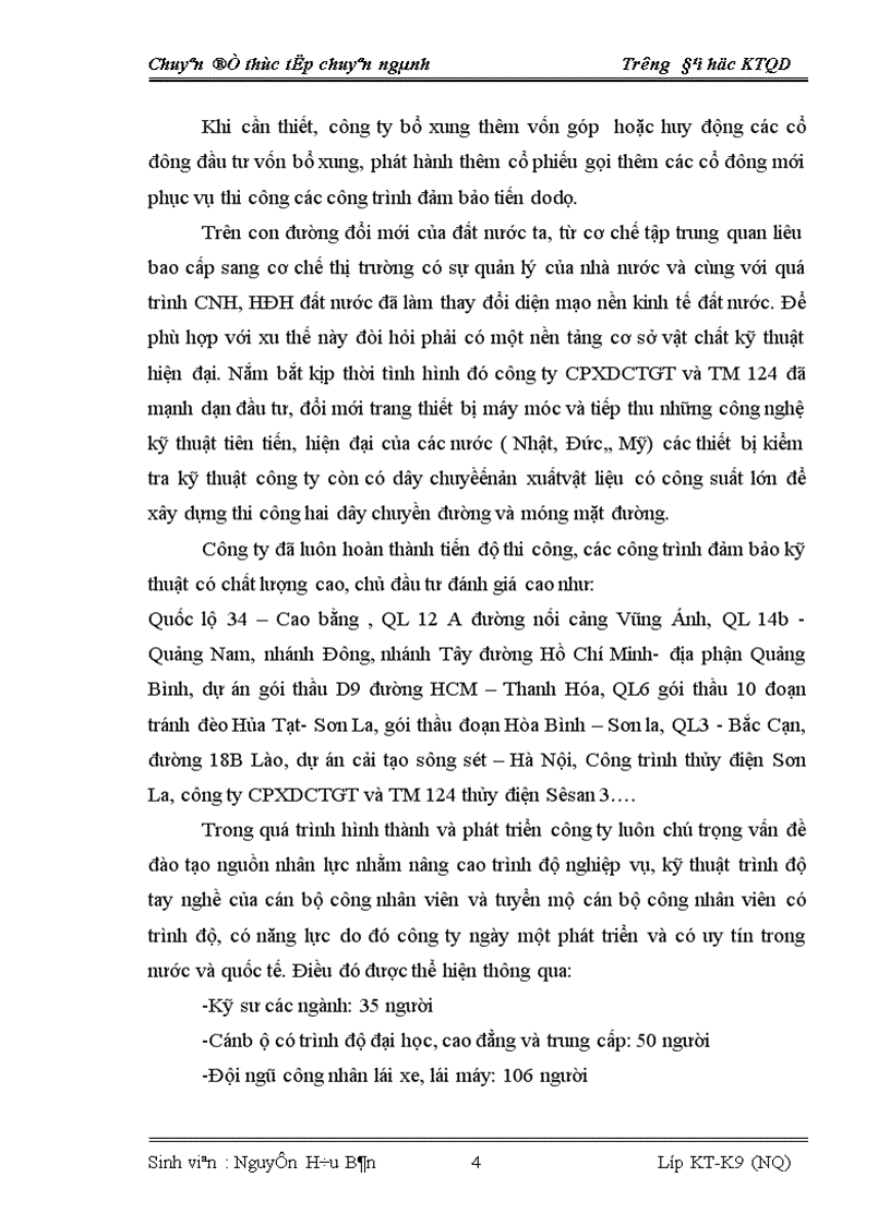 Báo cáo thực tập tổng hợp tại Công ty Cổ phần xây dựng công trình giao thông và thương mại 124