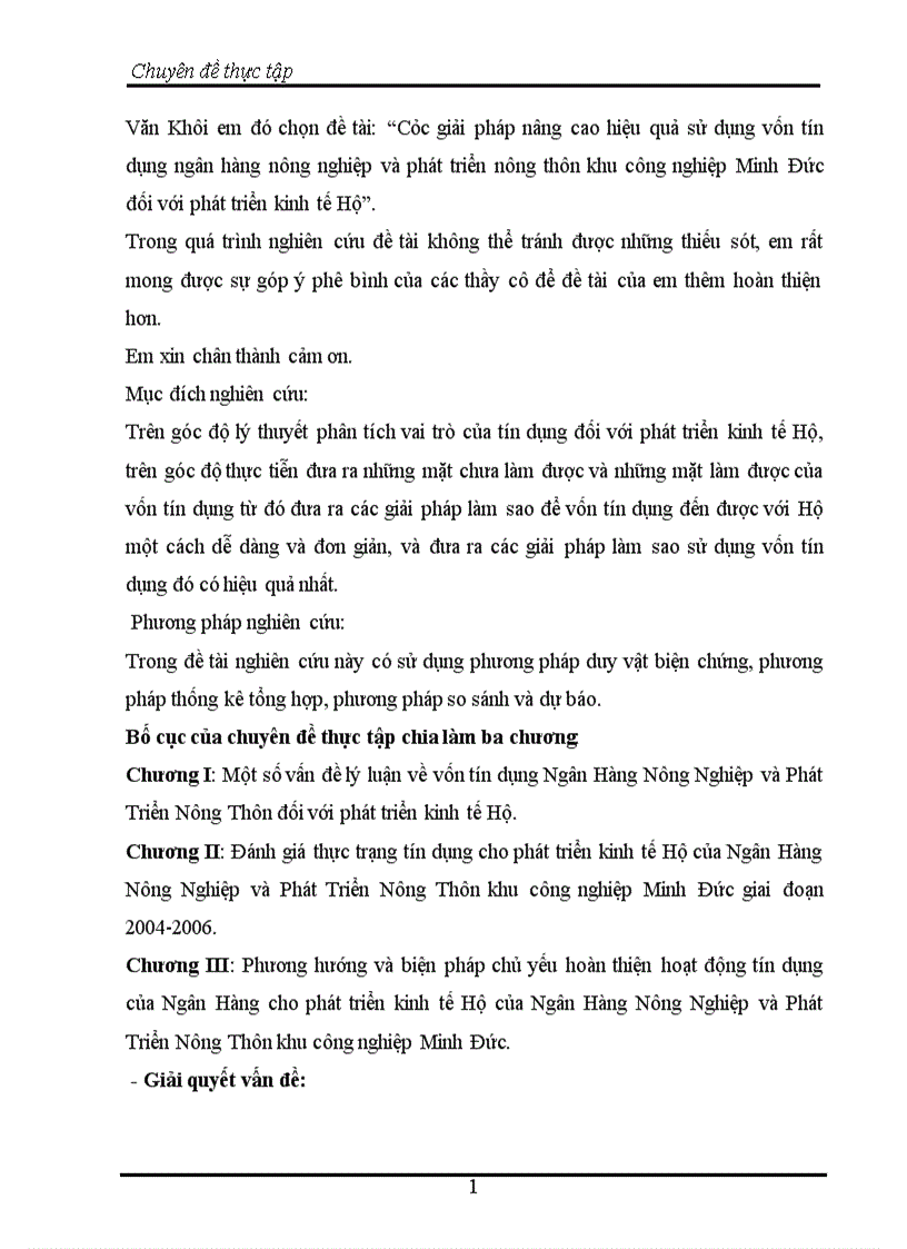 các giải pháp nâng cao hiệu quả sử dụng vốn tín dụng Ngân Hàng Nông Nghiệp và Phát Triển Nông Thôn khu công nghiệp Minh Đức đối với phát triển kinh tế Hộ 1