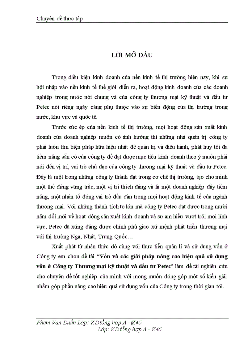 Vốn và các giải pháp nâng cao hiệu quả sử dụng vốn ở Công ty Thương mại kỹ thuật và đầu tư Petec 1
