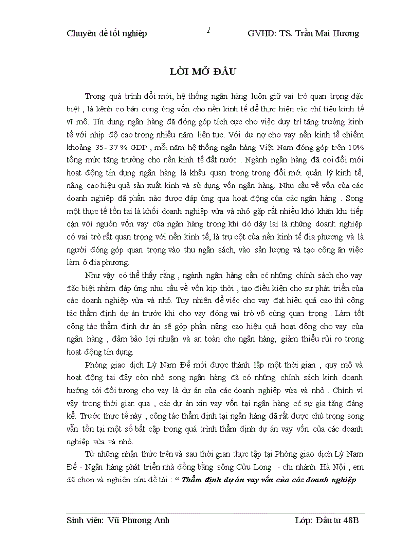 Thẩm định dự án vay vốn của các doanh nghiệp vừa và nhỏ tại Ngân hàng phát triển nhà đồng bằng sông Cửu Long chi nhánh Hà Nội Phòng giao dịch Lý Nam Đế Thực trạng và giải pháp 1