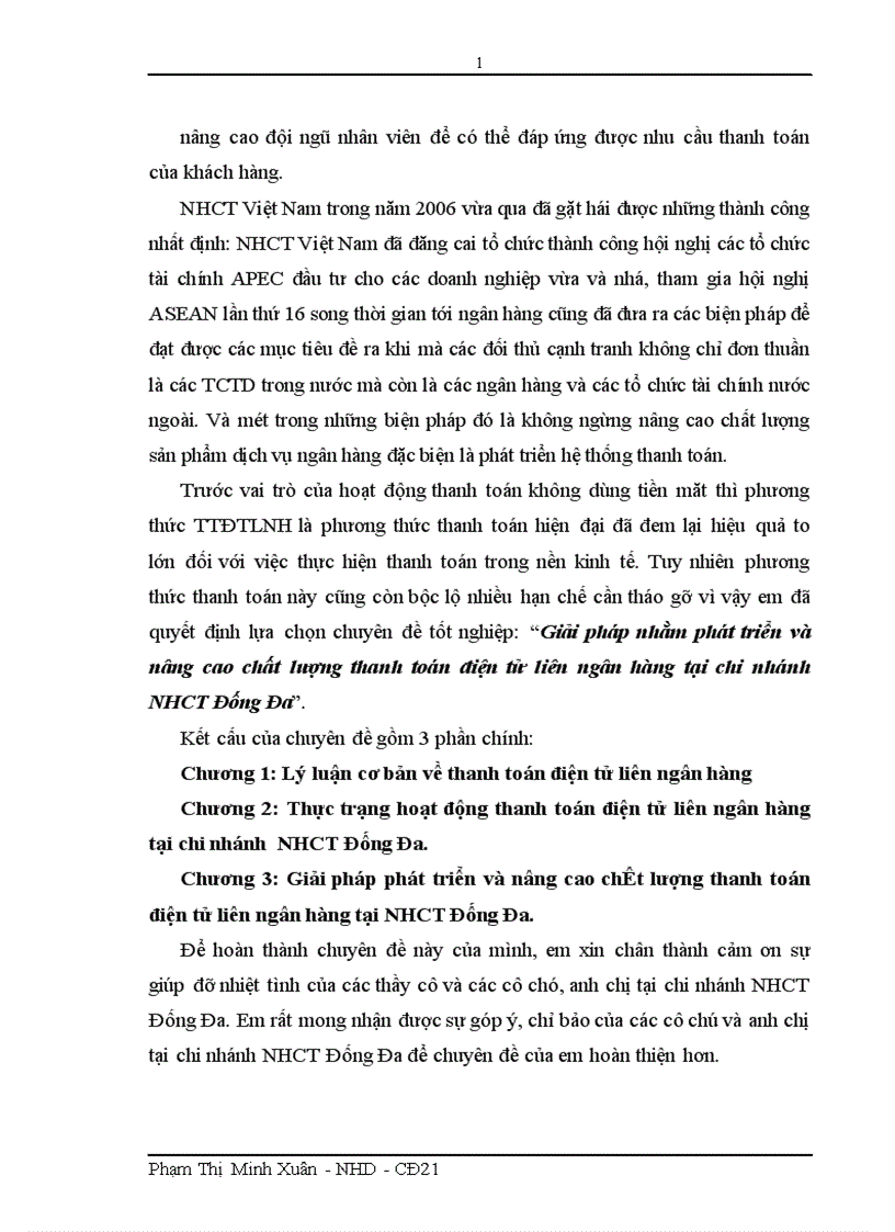 Giải pháp nhằm phát triển và nâng cao chất lượng thanh toán điện tử liên ngân hàng tại chi nhánh NHCT Đống Đa