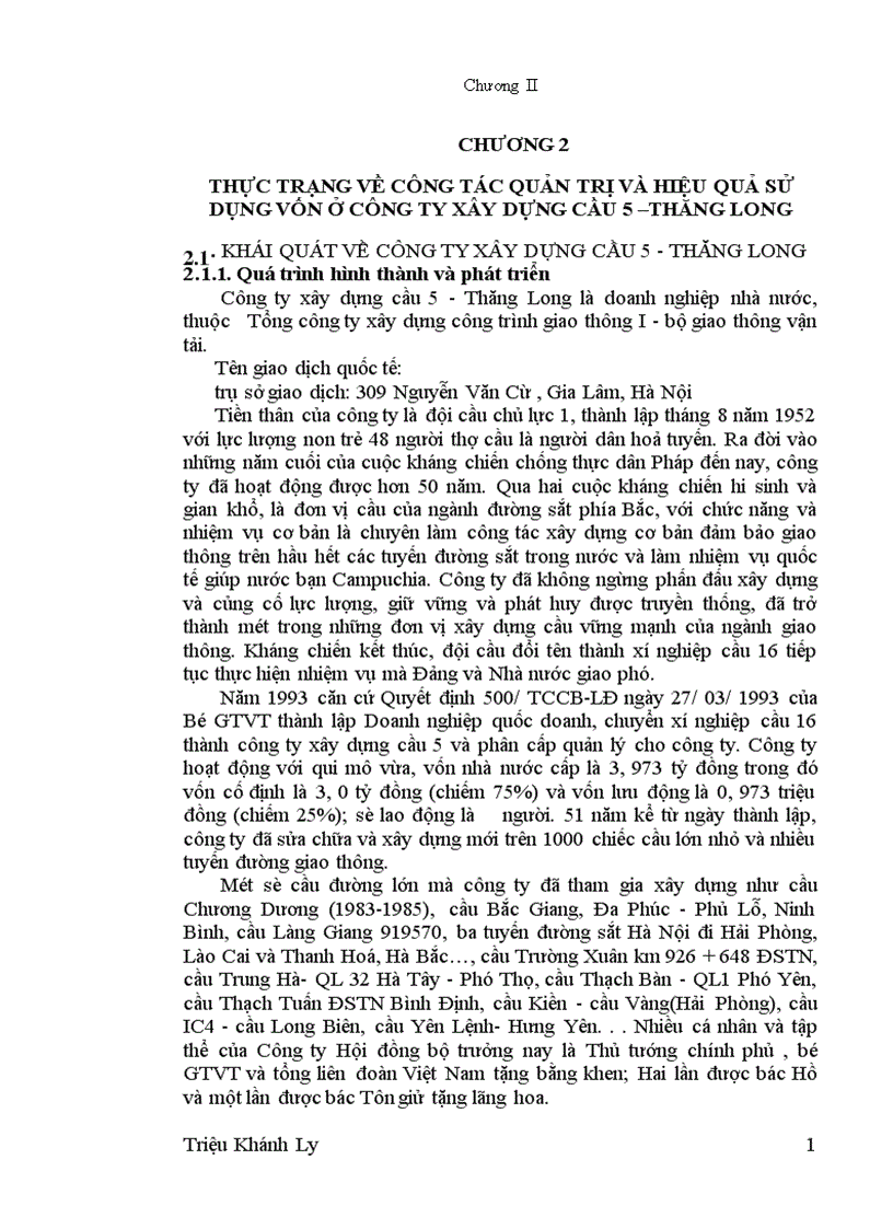 Thực trạng về công tác quản trị và hiệu quả sử dụng vốn ở công ty xây dựng cầu 5 Thăng long 1
