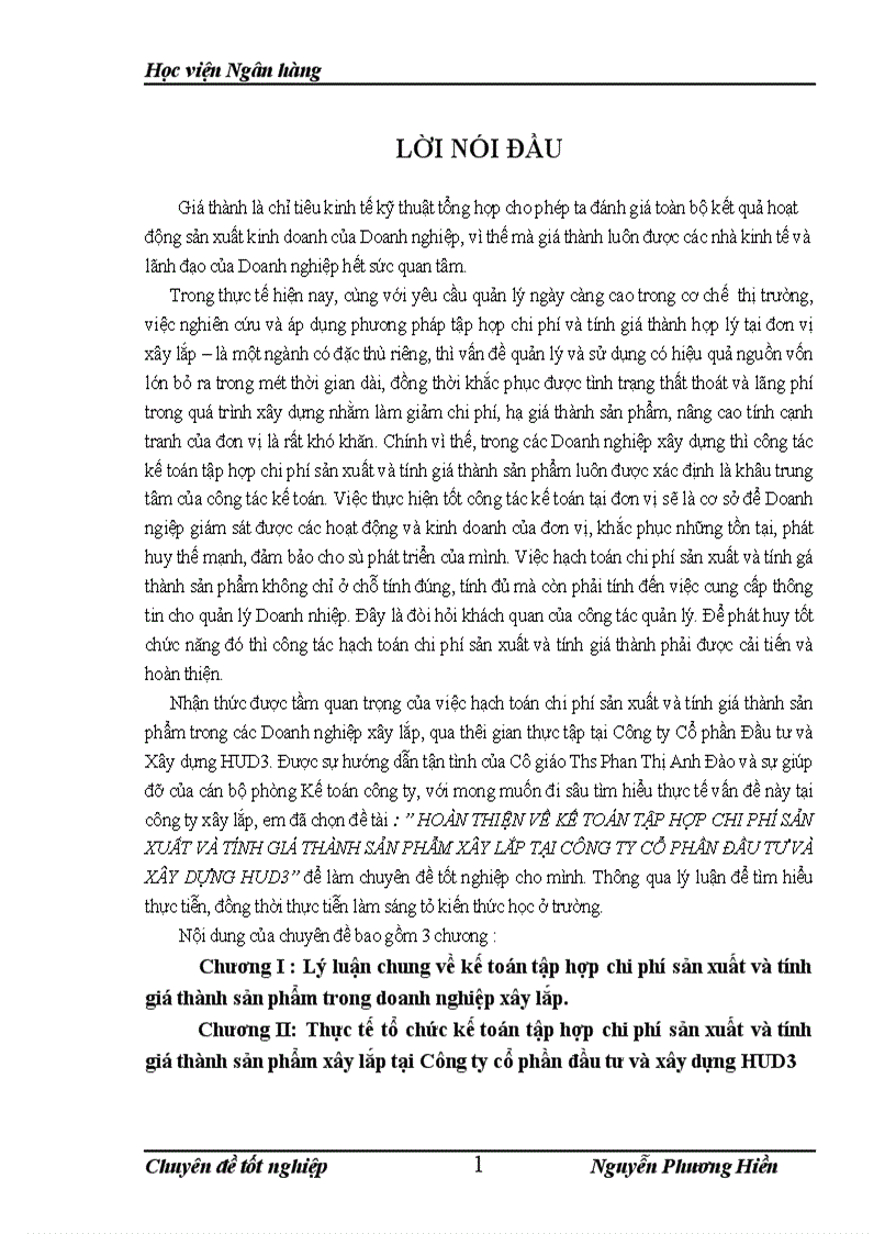 Hoàn thiện về kế toán tập hợp chi phí sản xuất và tính giá thành sản phẩm xây lắp tại cÔNG ty cổ phần đầu tư và xây dựng hud3 1
