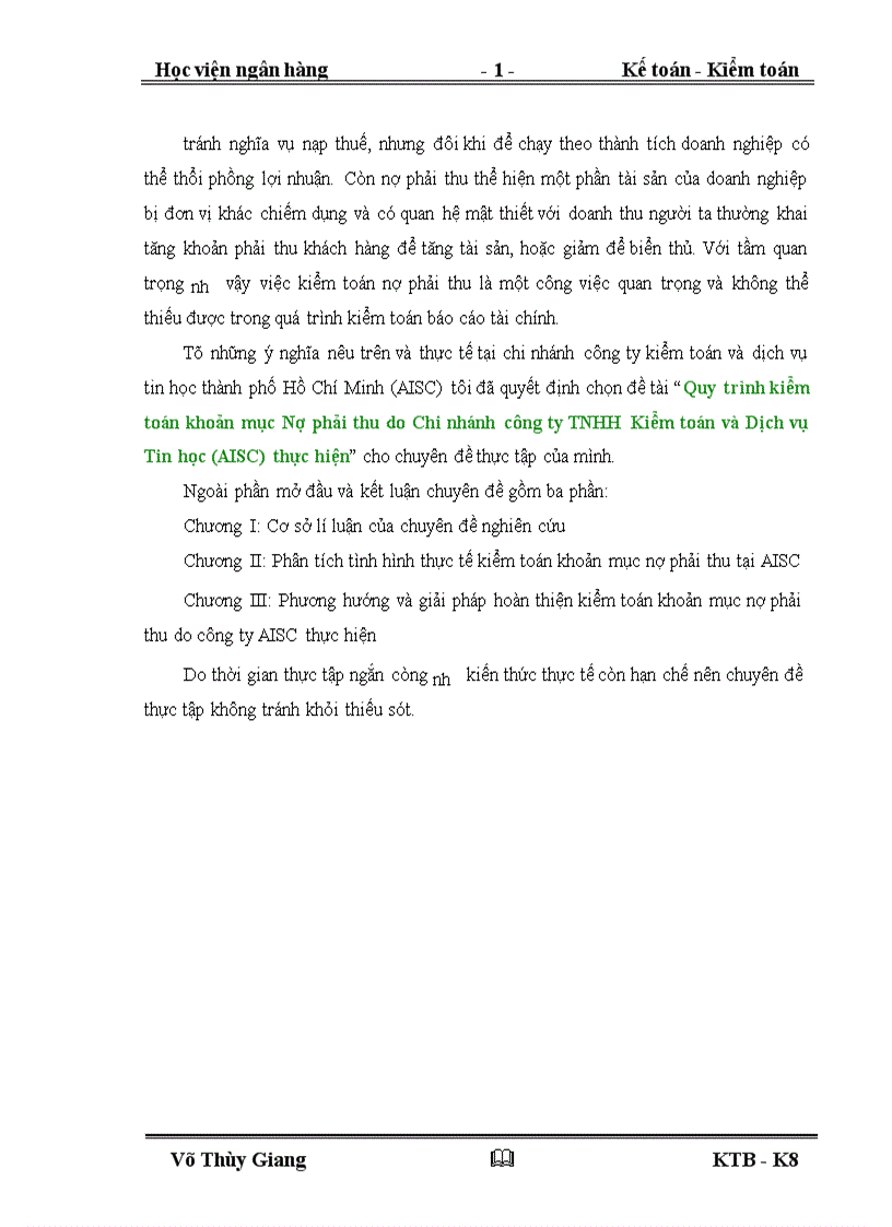 image for page Quy trình kiểm toán khoản mục Nợ phải thu do Chi nhánh công ty TNHH Kiểm toán và Dịch vụ Tin học AISC thực hiện 1