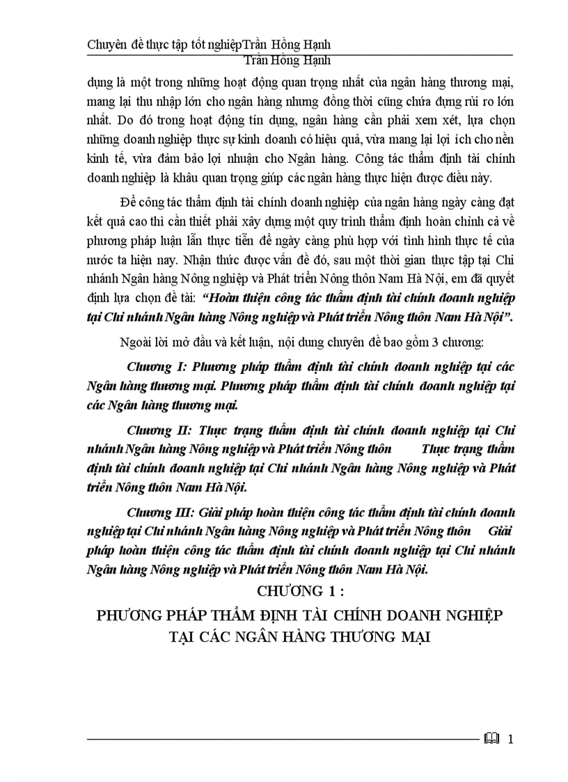 Hoàn thiện công tác thẩm định tài chính doanh nghiệp tại Chi nhánh Ngân hàng Nông nghiệp và Phát triển Nông thôn Nam Hà Nội 1