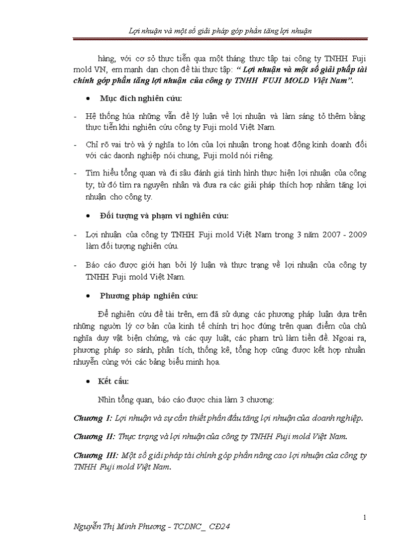 Lợi nhuận và một số giải phấp tài chính góp phần tăng lợi nhuận của công ty TNHH FUJI MOLD Việt Nam