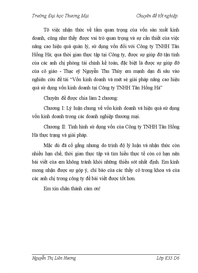Vốn kinh doanh và một số giải pháp nâng cao hiệu quả sử dụng vốn kinh doanh tại Công ty TNHH Tân Hồng Hà 1
