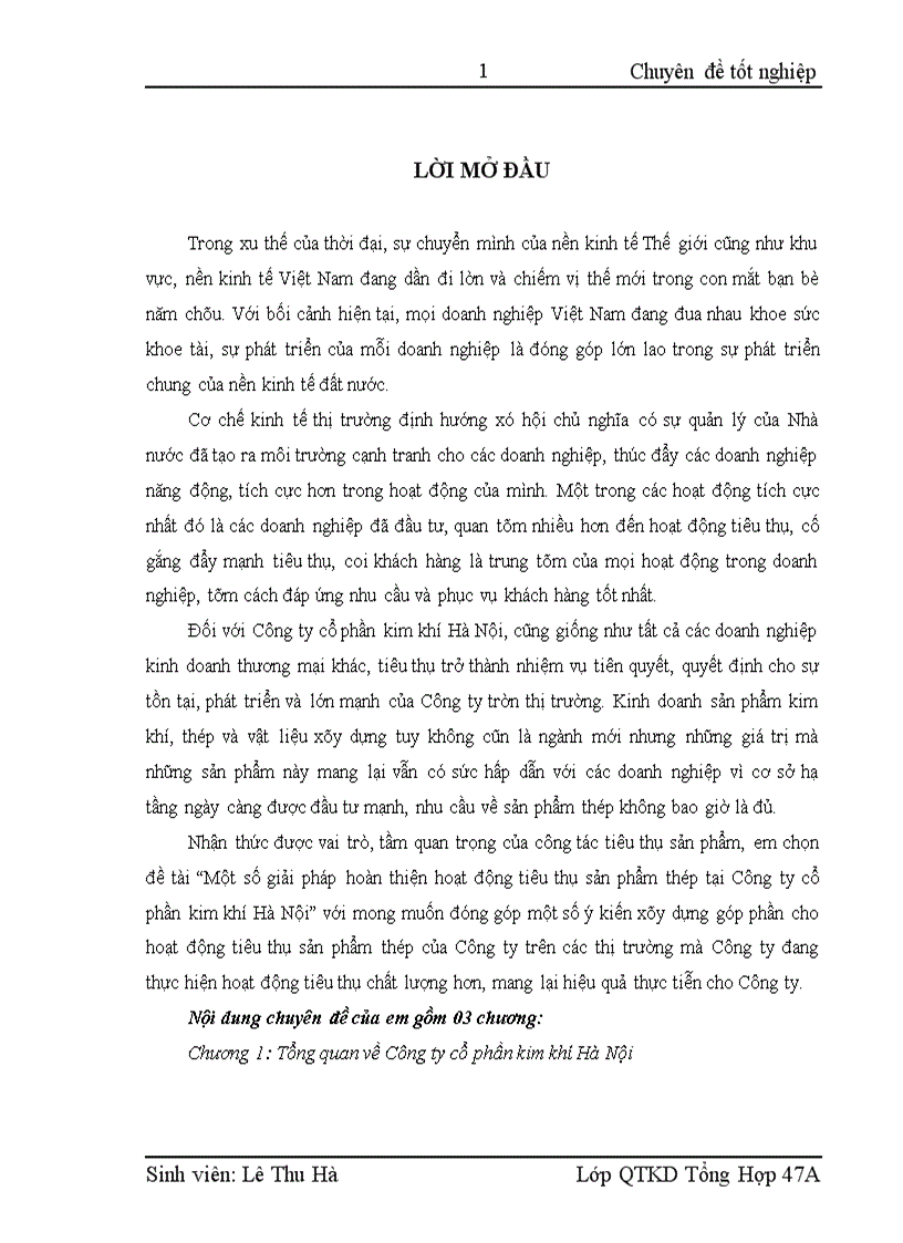 Một số giải pháp hoàn thiện hoạt động tiêu thụ sản phẩm thép tại Công ty cổ phần kim khí Hà Nội 1