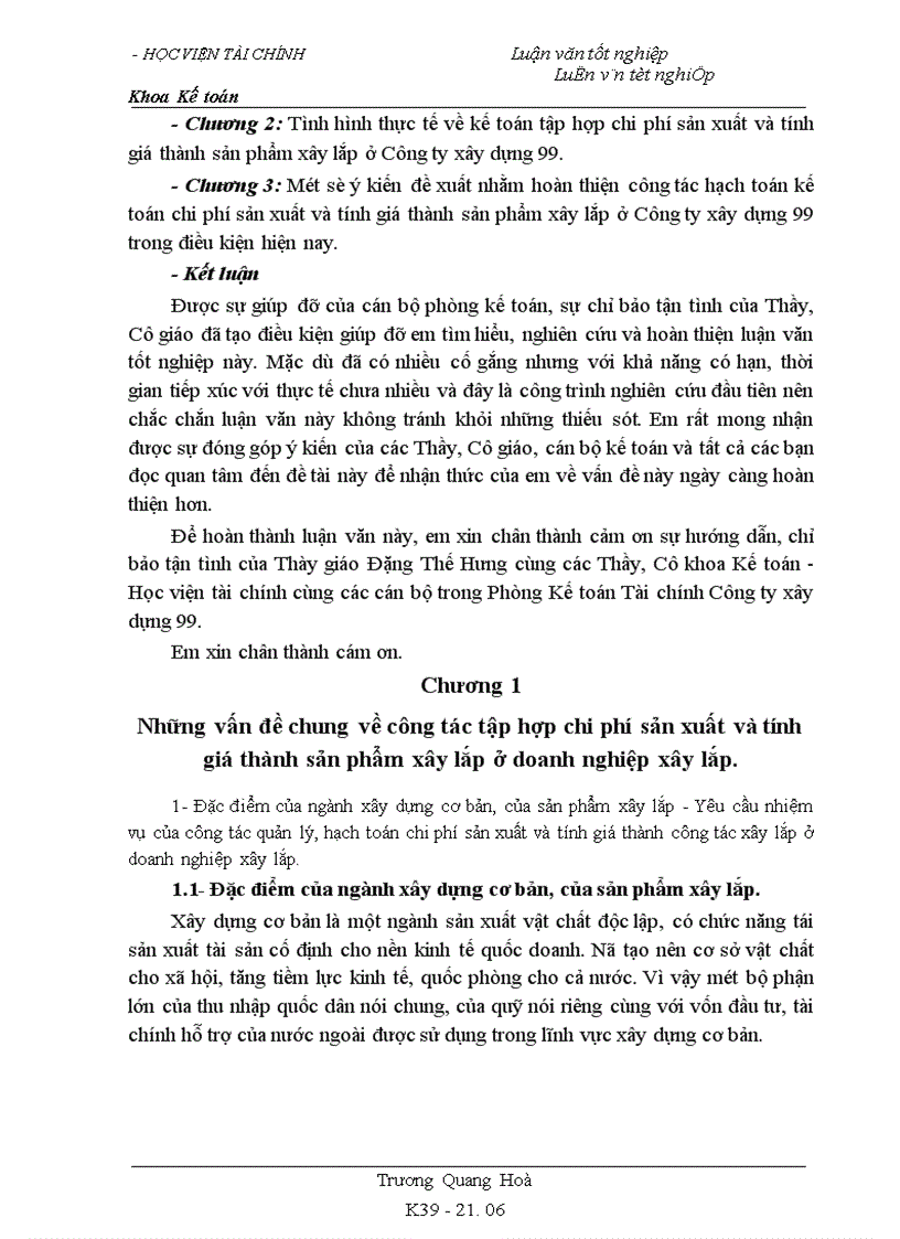Tổ chức công tác kế toán tập hợp chi phí và tính giá thành sản phẩm xây lắp tại công ty xây dựng 99 1