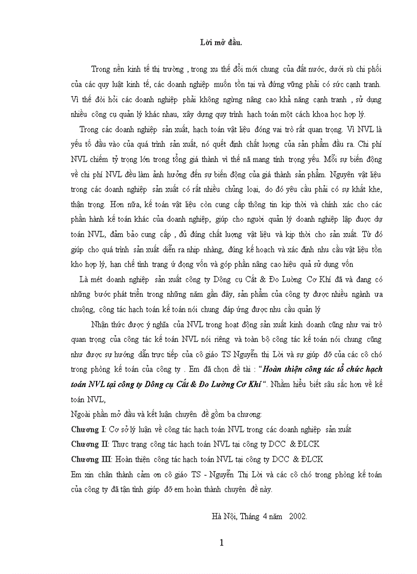 Hoàn thiện công tác tổ chức hạch toán NVL tại công ty Dụng Cụ Cắt Đo Lường Cơ Khí 1