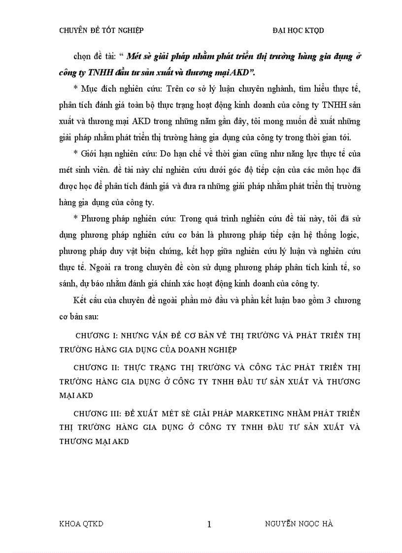 Một số giải pháp nhằm phát triển thị trường hàng gia dụng ở công ty TNHH đầu tư sản xuất và thương mại AKD 1