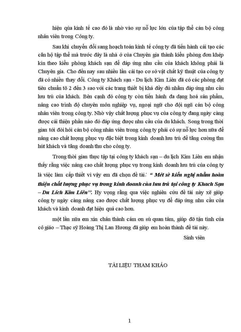 image for page Một số kiến nghị nhằm hoàn thiện chất lượng phục vụ trong kinh doanh của lưu trú tại công ty Khách Sạn Du Lich Kim Liên 1