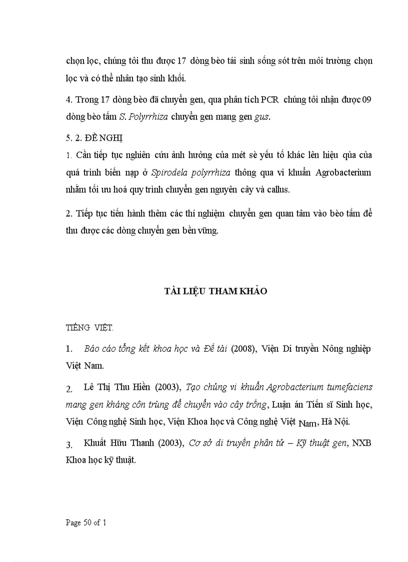 image for page Nghiên cứu xây dựng quy trình chuyển gen vào bèo tấm Spirodela polyrrhiza thông qua Agrobacterium tumefaciens