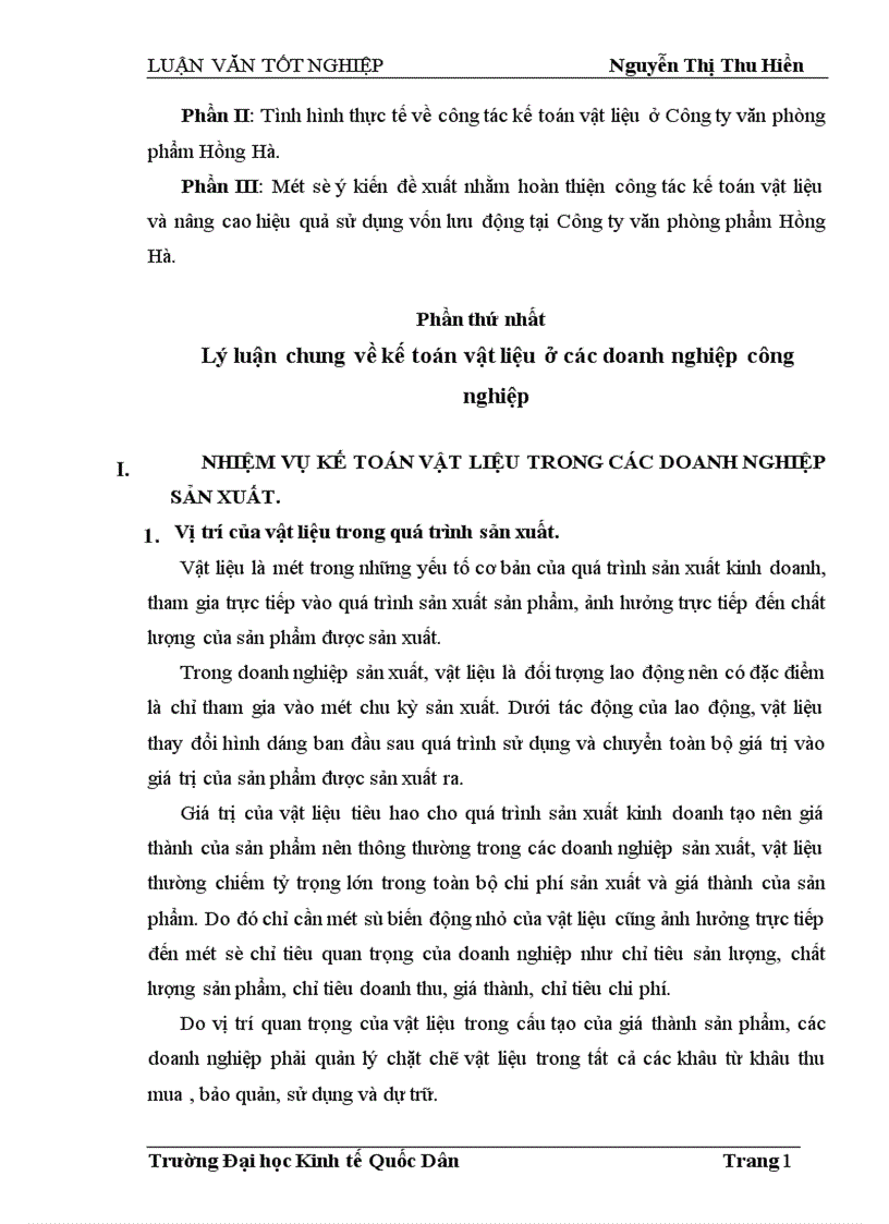 Kế toán vật liệu với việc nâng cao hiệu quả sử dụng vốn lưu động tại Công ty văn phòng phẩm Hồng Hà 1