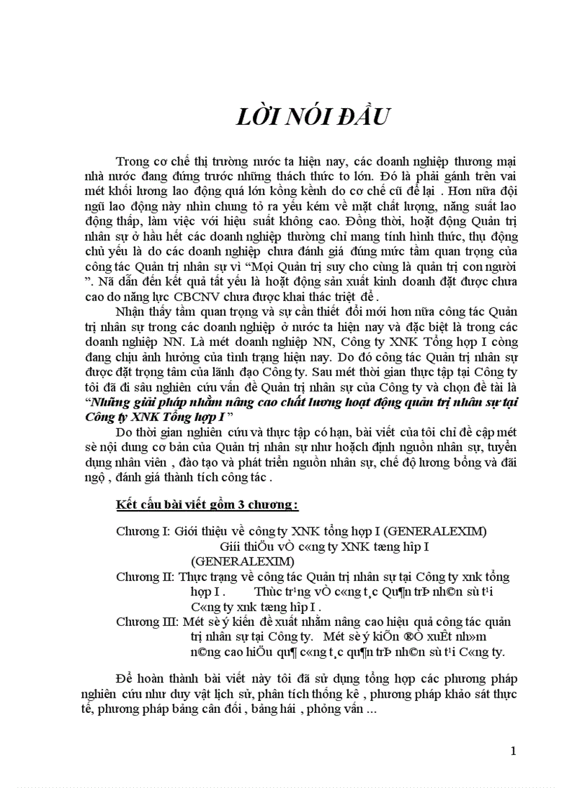 Những giải pháp nhằm nâng cao chất lương hoạt động quản trị nhân sự tại Công ty XNK Tổng hợp I 1