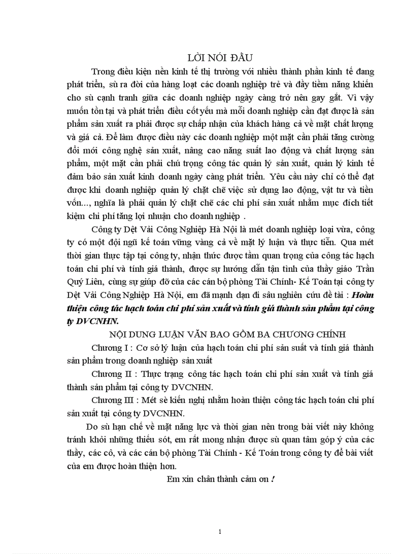 Hoàn thiện công tác hạch toán chi phí sản xuất và tính giá thành sản phẩm tại công ty DVCNHN 1