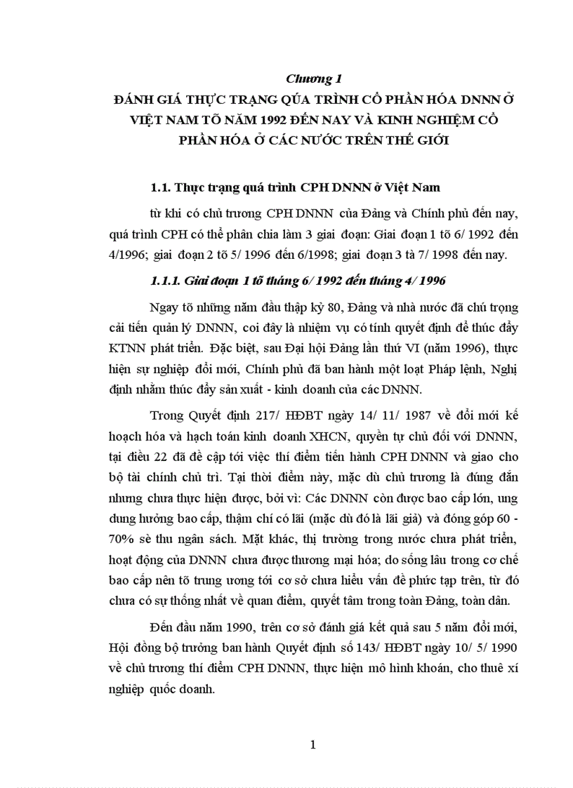 Đánh giá thực trạng qúa trình cổ phần hóa DNNN ở Việt Nam từ năm 1992 đến nay và kinh nghiệm cổ phần hóa ở các nước trên thế giới