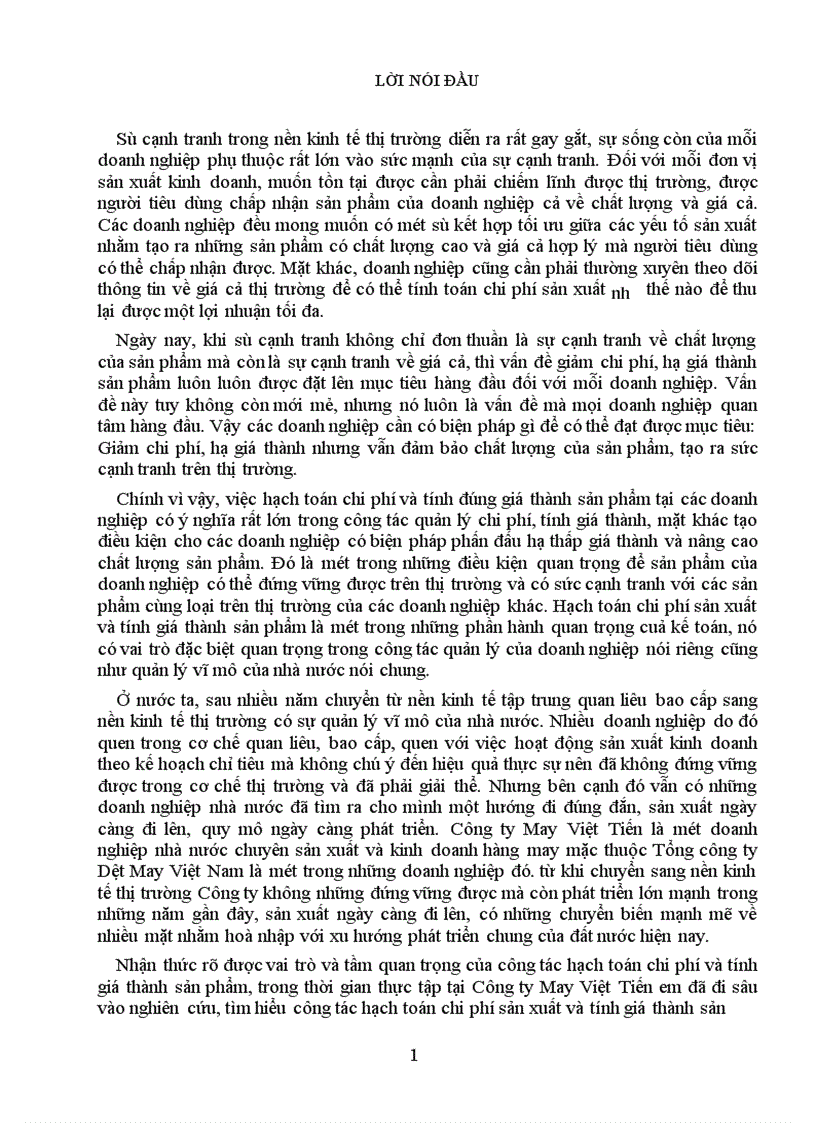 Kế toán chi phí sản xuất và tính giá thành sản phẩm tại Công ty May Việt Tiến 1