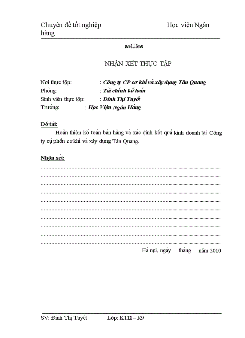 image for page Hoa n thiê n kê toa n ba n ha ng va xa c đi nh kê t qua kinh doanh ta i Công ty cô phâ n cơ khi va xây dư ng Tân Quang