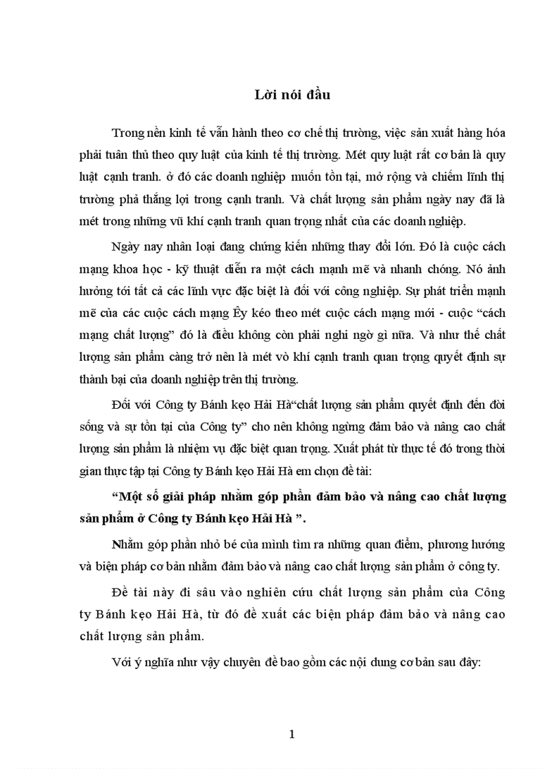 Một số giải pháp nhằm góp phần đảm bảo và nâng cao chất lượng sản phẩm ở Công ty Bánh kẹo Hải Hà 1