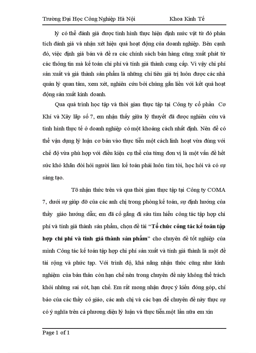 image for page Công tác kế toán tập hợp chi phí sản xuất và tính giá thành sản phẩm tại Công ty Cổ phần Cơ khí và Xây lắp số 7