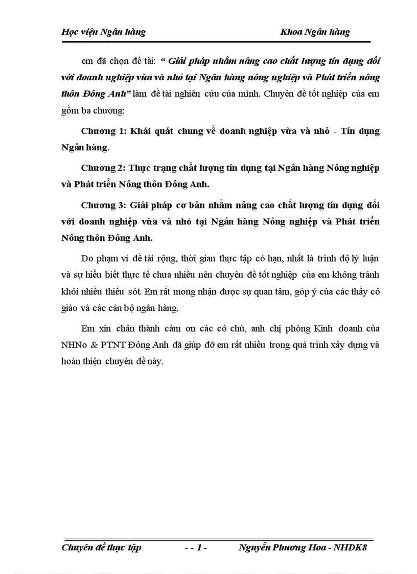 Giải pháp nhằm nâng cao chất lượng tín dụng đối với doanh nghiệp vừa và nhỏ tại Ngân hàng nông nghiệp và Phát triển nông thôn Đông Anh 1