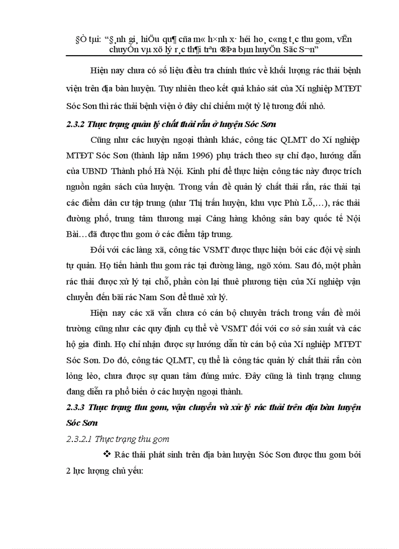 image for page Đánh giá hiệu quả của mô hình xã hội hoá công tác thu gom vận chuyển và xử lý rác thải trên địa bàn huyện Sóc Sơn