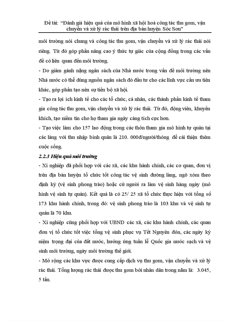 image for page Đánh giá hiệu quả của mô hình xã hội hoá công tác thu gom vận chuyển và xử lý rác thải trên địa bàn huyện Sóc Sơn