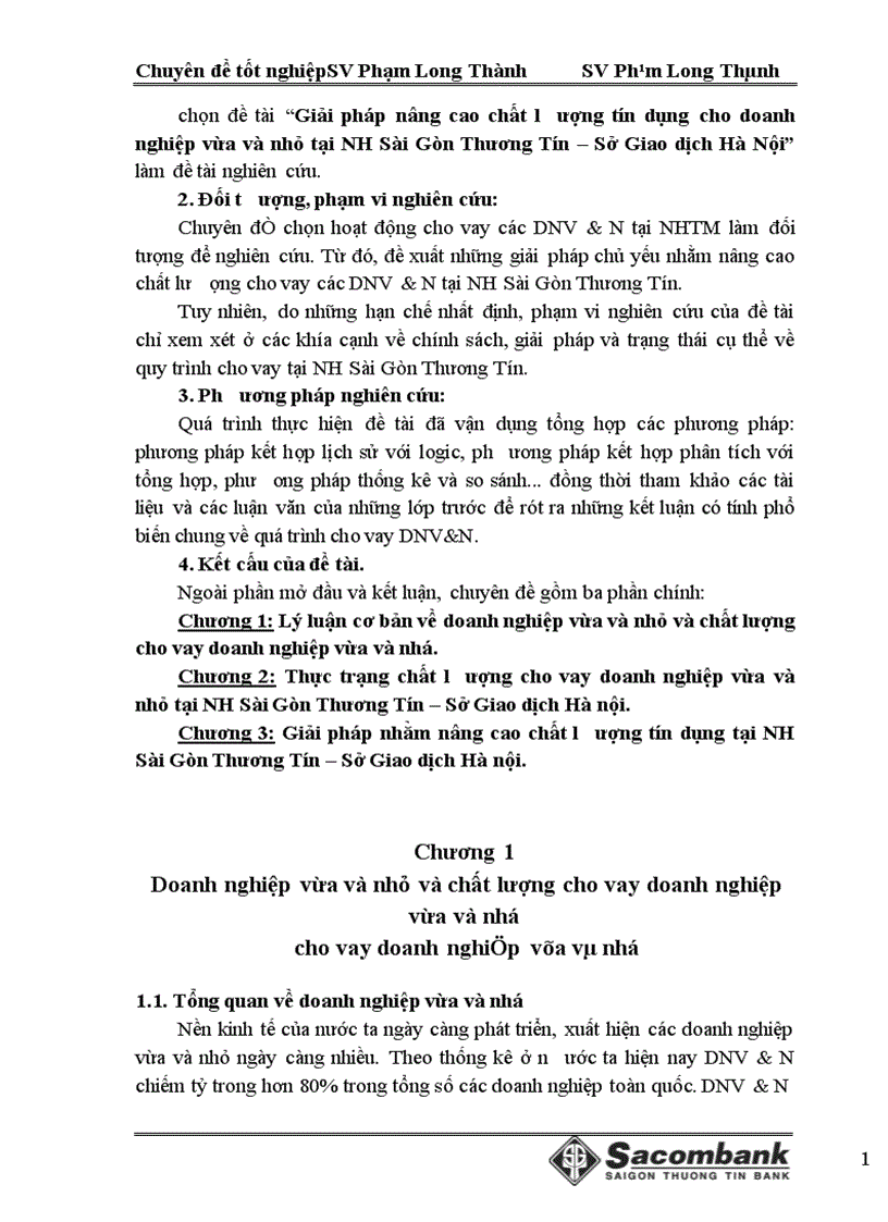 Giải pháp nâng cao chất lượng tín dụng cho doanh nghiệp vừa và nhỏ tại NH Sài Gòn Thương Tín Sở Giao dịch Hà Nội 1