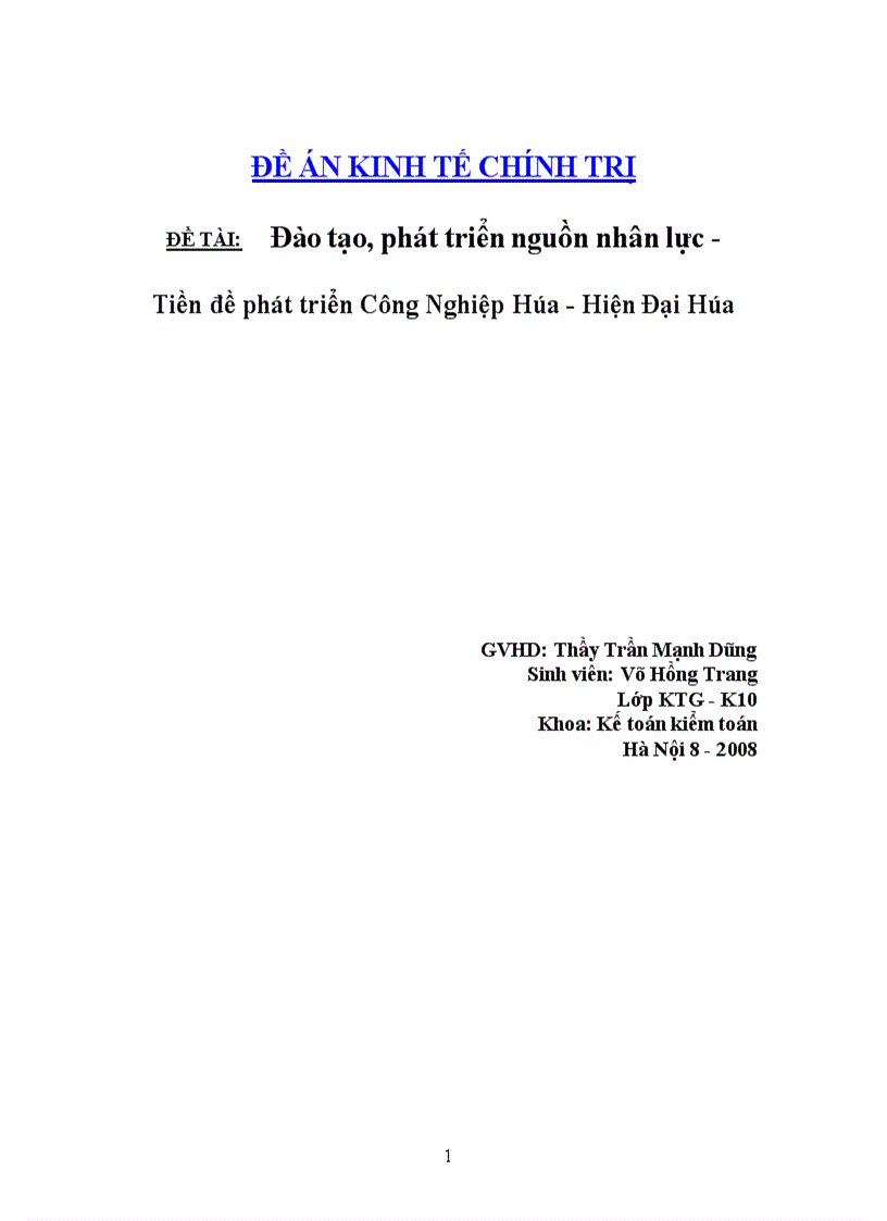 Đào tạo và phát triển nguồn nhân lực là tiền đề CNH HĐH đất nước trong thời kì quá độ lên CNXH