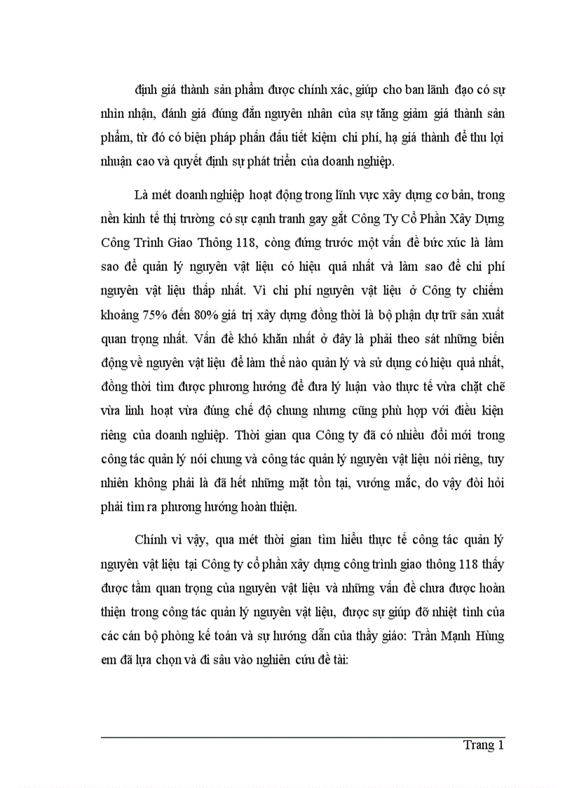Công tác quản lý nguyên vật liệu ở Công ty cổ phần xây dựng công trình giao thông 118 1