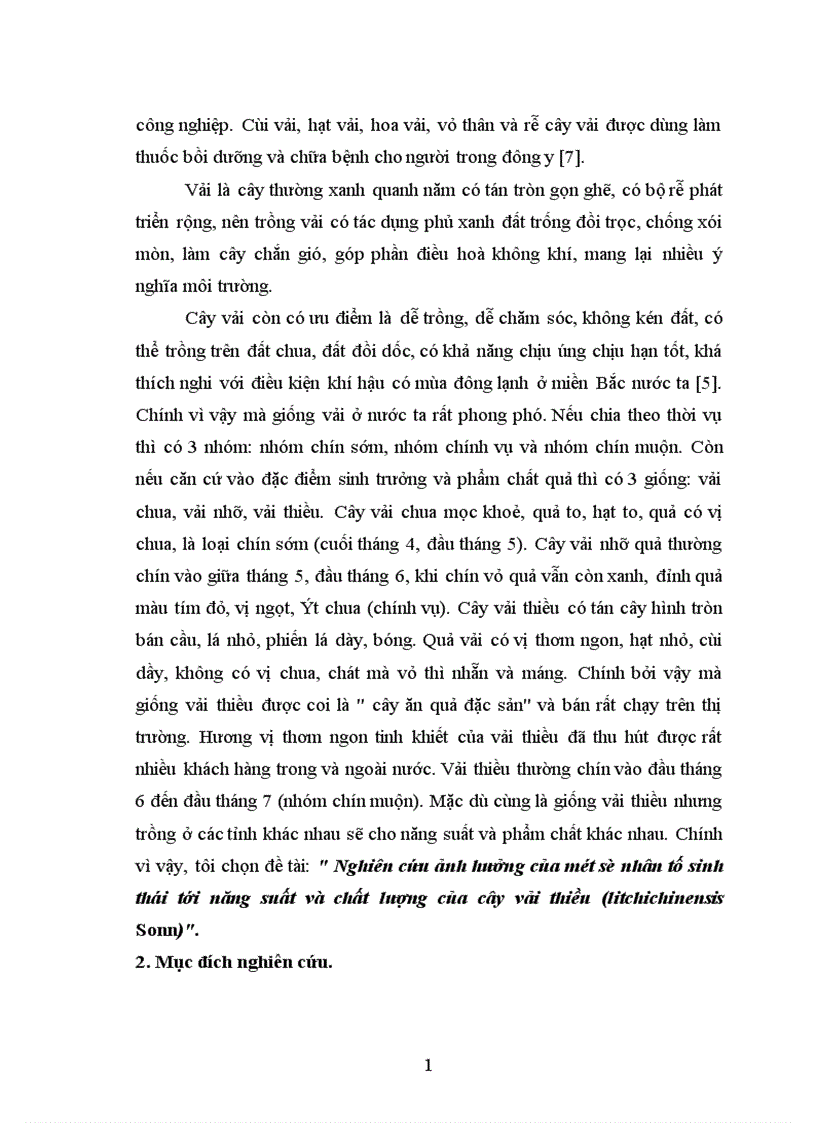 Nghiên cứu ảnh hưởng của một số nhân tố sinh thái tới năng suất và chất lượng của cây vải thiều litchichinensis Sonn 1