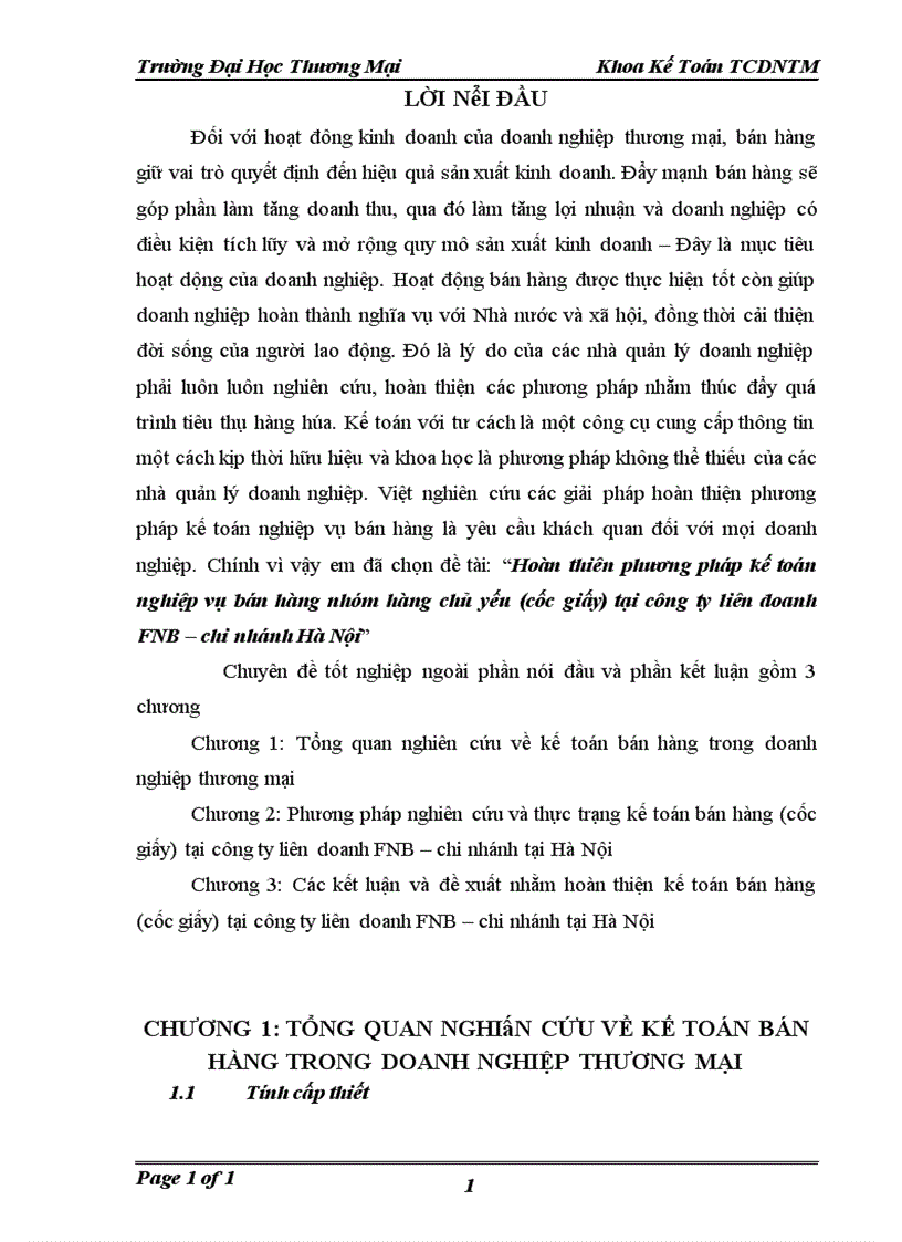 Hoàn thiên phương pháp kế toán nghiệp vụ bán hàng nhóm hàng chủ yếu cốc giấy tại công ty liên doanh FNB chi nhánh Hà Nội 1