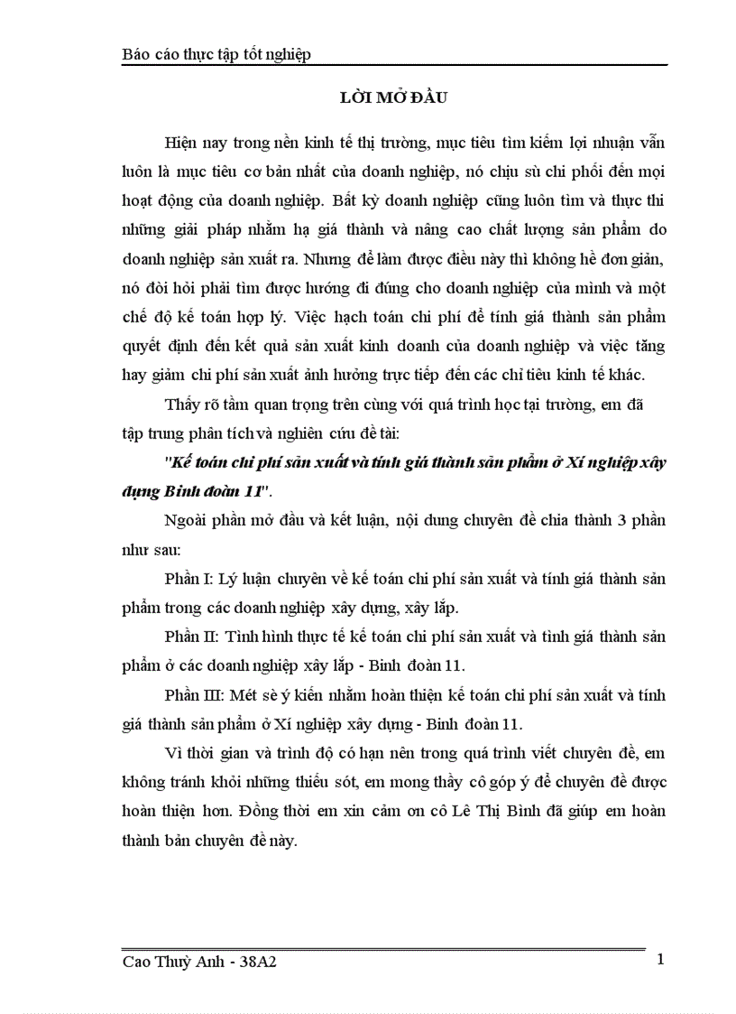 Kế toán chi phí sản xuất và tính giá thành sản phẩm ở Xí nghiệp xây dựng Binh đoàn 11 1
