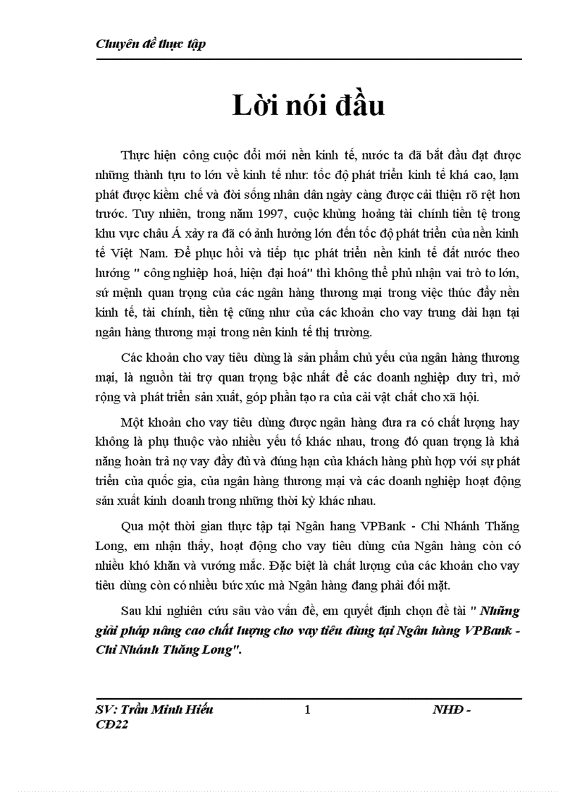 Những giải pháp nâng cao chất lượng cho vay tiêu dùng tại Ngân hàng VPBank Chi Nhánh Thăng Long 1