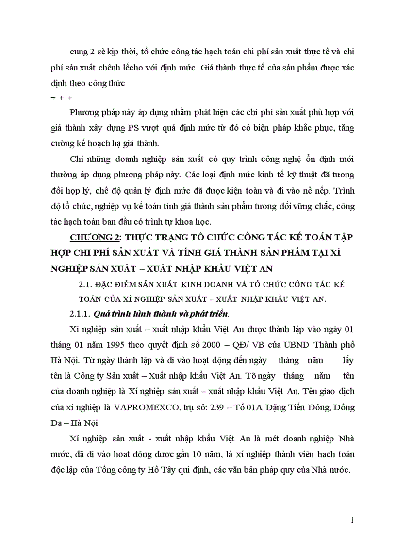 image for page Tổ chức công tác kế toán chi phí sản xuất và tính giá thành sản phẩm tại Xí nghiệp Sản xuất Xuất nhập khẩu Việt An 1