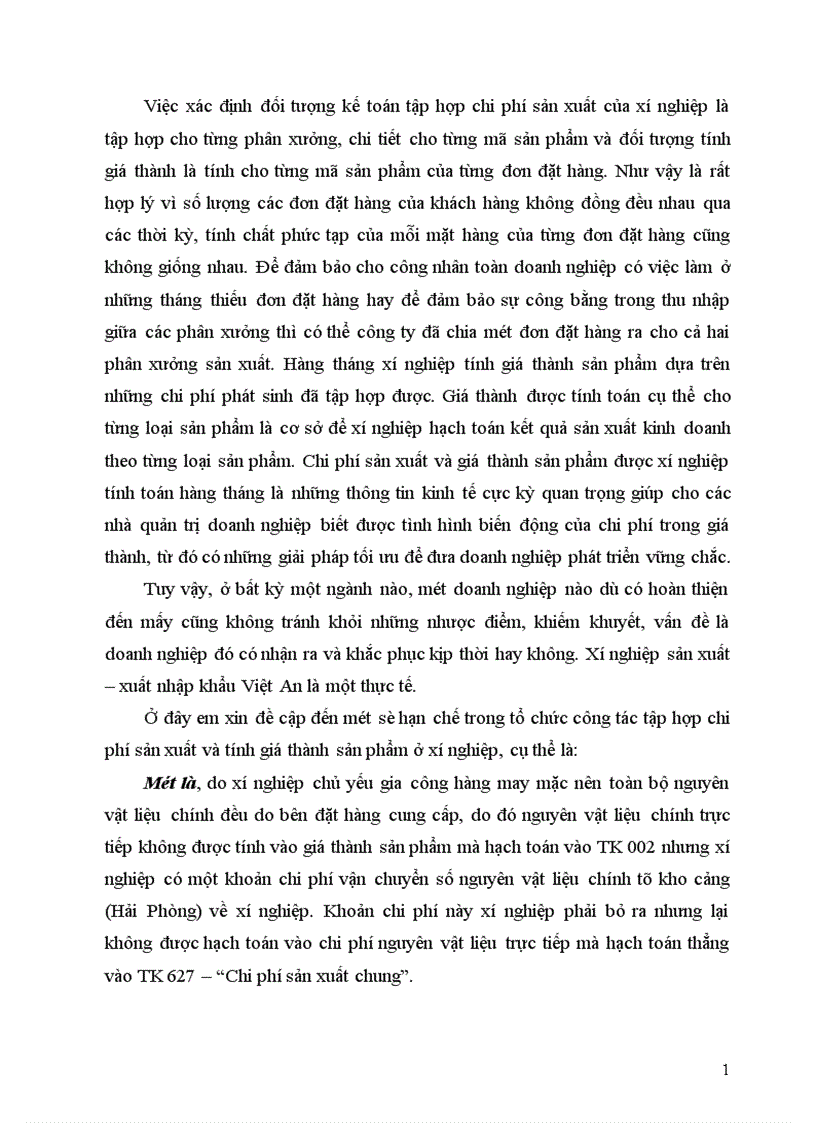 image for page Tổ chức công tác kế toán chi phí sản xuất và tính giá thành sản phẩm tại Xí nghiệp Sản xuất Xuất nhập khẩu Việt An 1