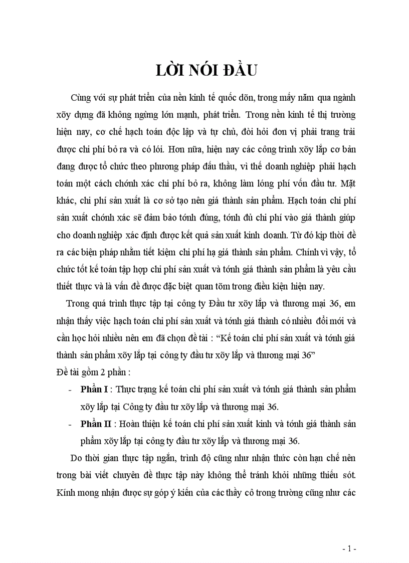 Kế toán chi phí sản xuất và tính giá thành sản phẩm xây lắp tại công ty đầu tư xây lắp và thương mại 36 1