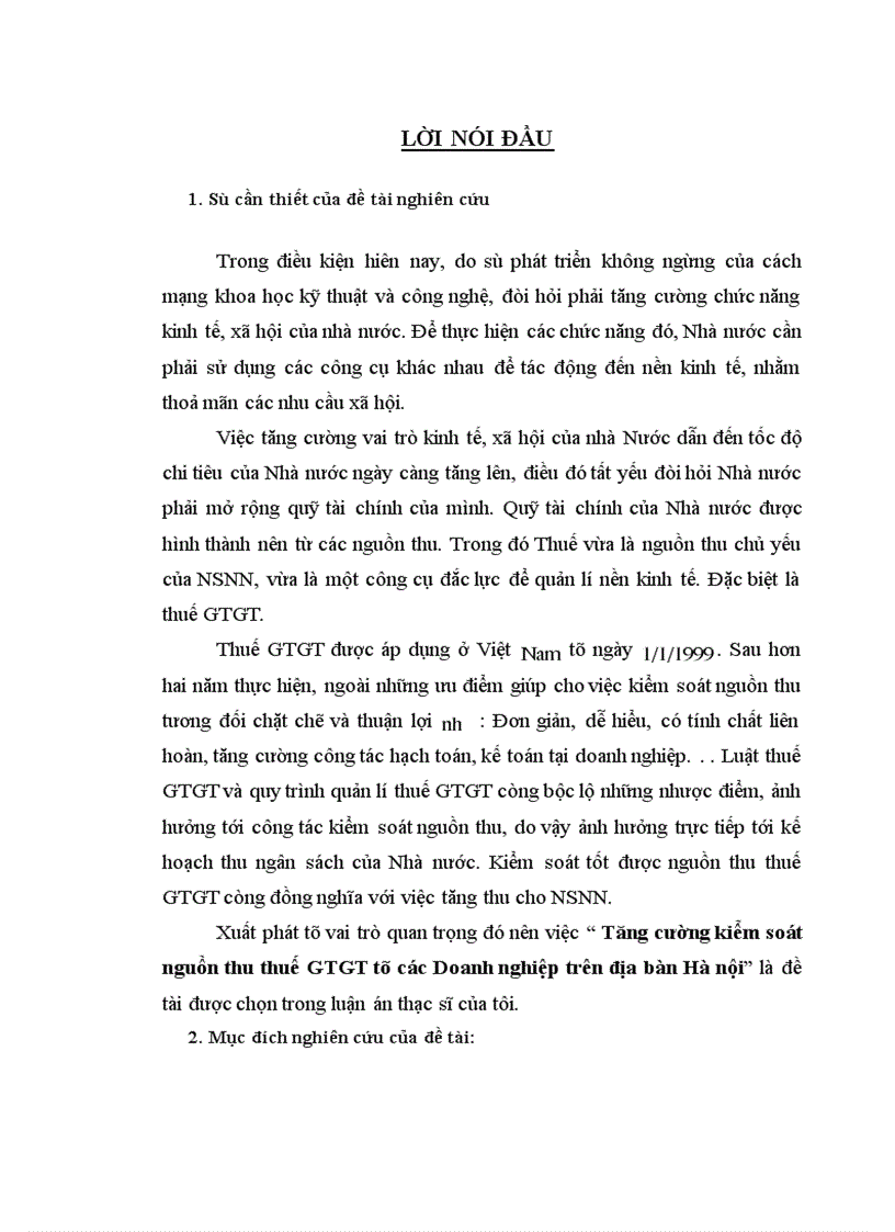 Luận án nghiên cứu thực trạng kiểm soát nguồn thu thuế GTGT đối với các Doanh nghiệp trên địa bàn thành phố Hà nội