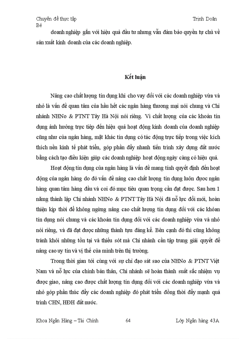 image for page Giải pháp nâng cao chất lượng tín dụng đối với các doanh nghiệp vừa và nhỏ tại Chi nhánh NHNo PTNT Tây Hà Nội 1