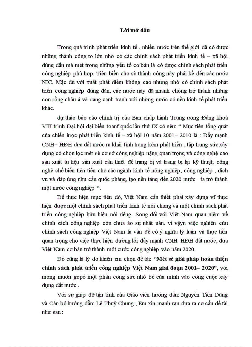 Một số giải pháp hoàn thiện chính sách phát triển công nghiệp Việt Nam giai đoạn 2001 2020