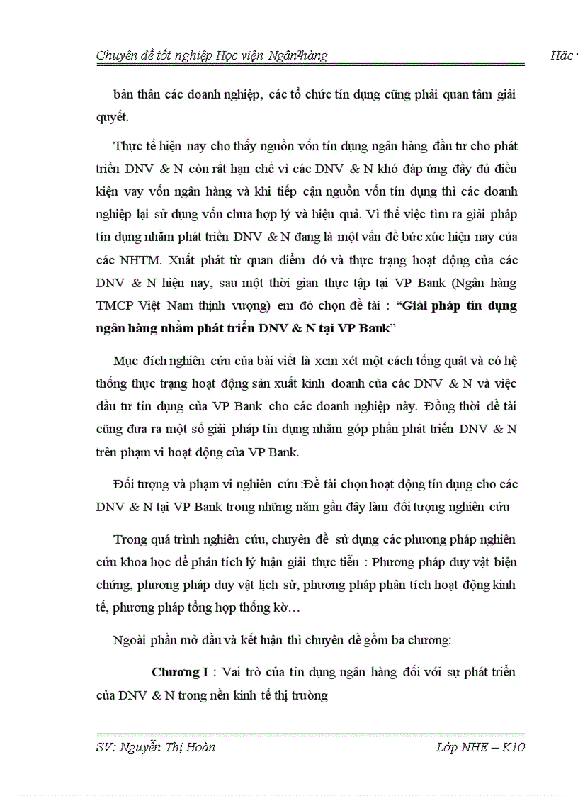 Giải pháp tín dụng ngân hàng nhằm phát triển DNV N tại VP Bank 1