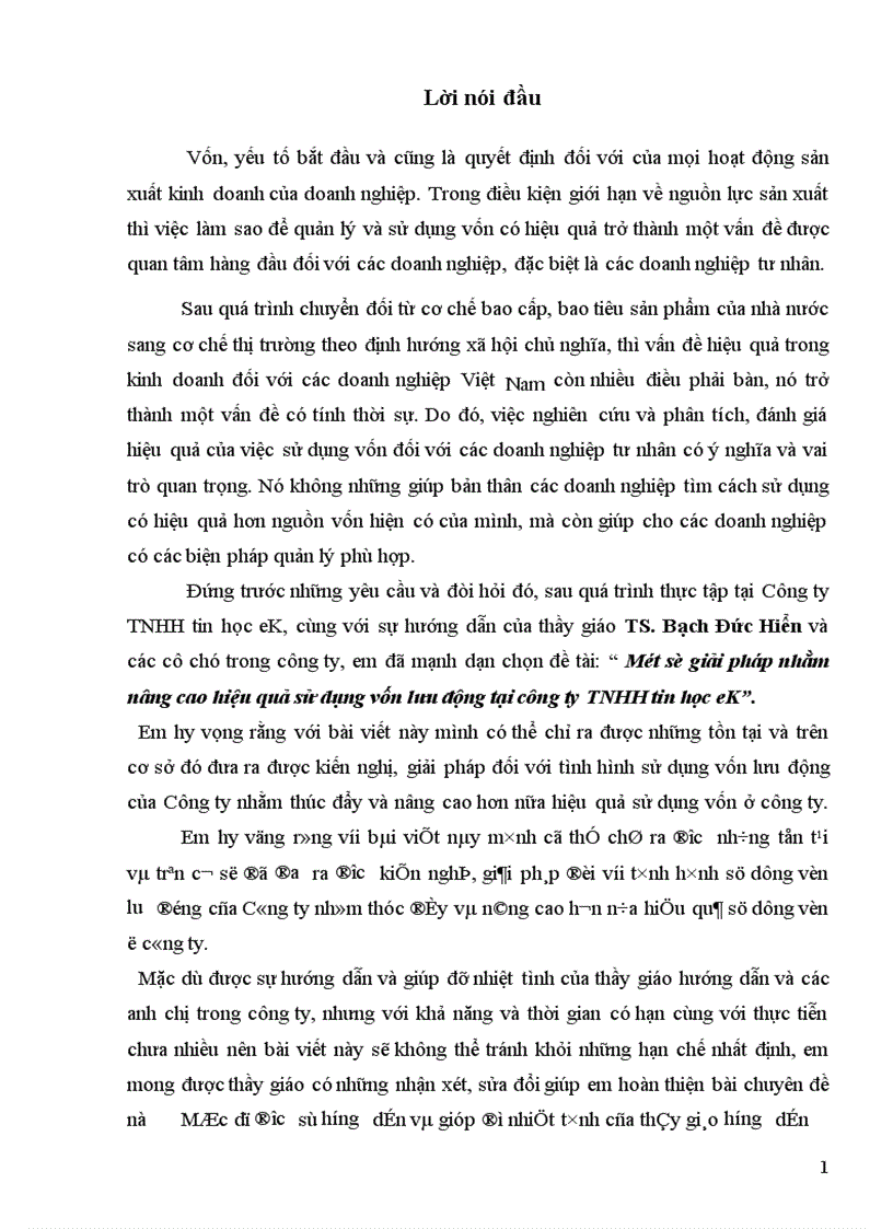 Một số giải pháp nhằm nâng cao hiệu quả sử dụng vốn lưu động tại công ty TNHH tin học eK 1