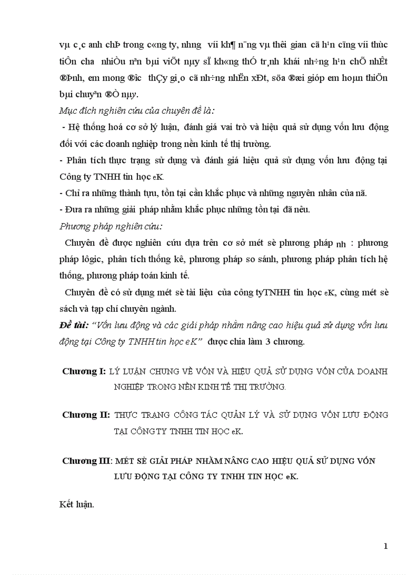 Một số giải pháp nhằm nâng cao hiệu quả sử dụng vốn lưu động tại công ty TNHH tin học eK 1