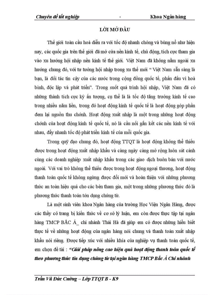 Giải pháp nâng cao hiệu quả hoạt động thanh toán quốc tế theo phương thức tín dụng chứng từ tại ngân hàng TMCP Bắc Á Chi nhánh Thái Hà