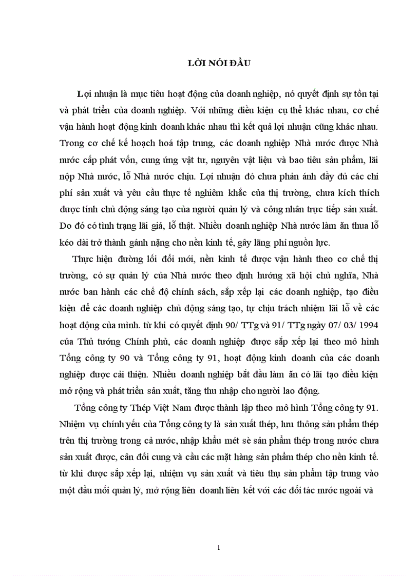 Phân tích lợi nhuận và một số giải pháp nhằm nâng cao lợi nhuận trong sản xuất kinh doanh tại Tổng công ty Thép Việt Nam 1