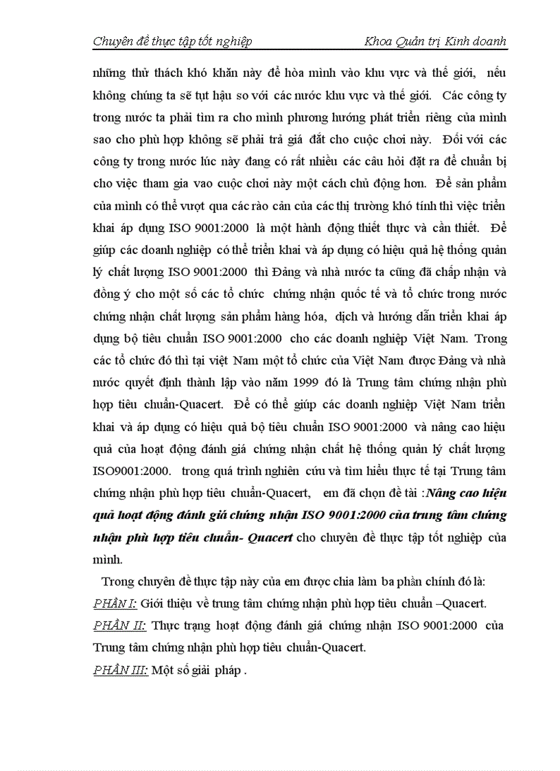 Báo cáo thực tập tổng hợp về nâng cao hiệu quả hoạt động đánh giá chứng nhận ISO 9001 2000 của trung tâm chứng nhận phù hợp tiêu chuẩn Quacert
